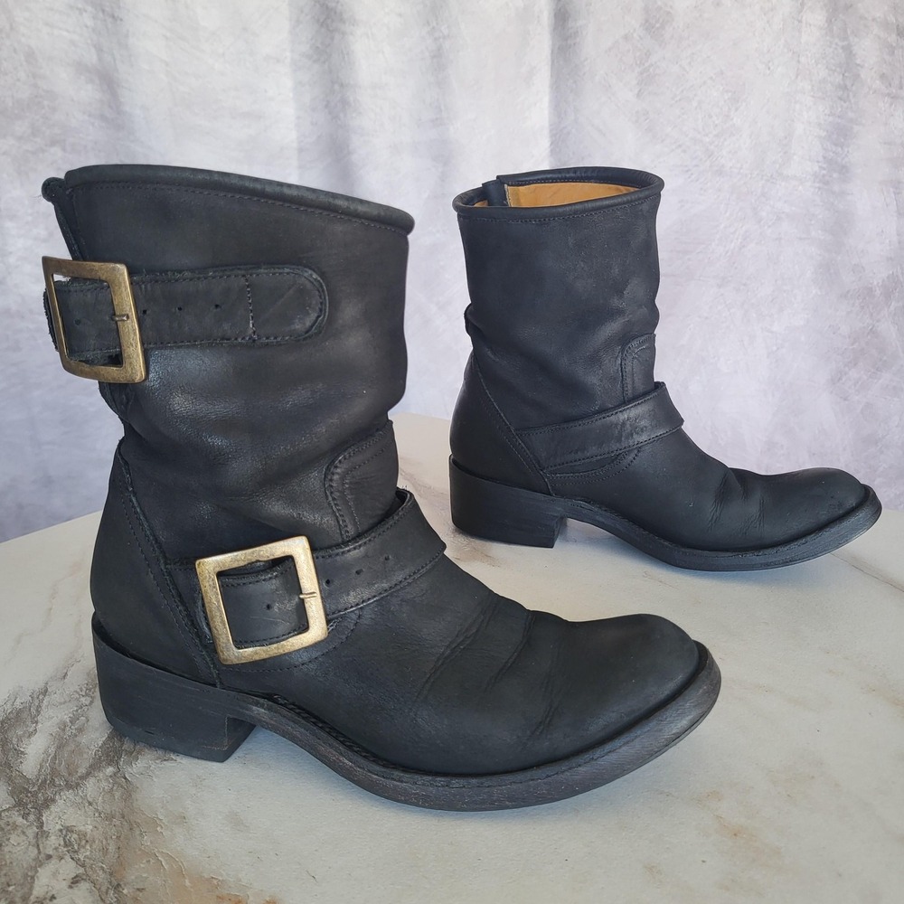Old Gringo Star Boots Womens Size 6 Black Leather Biker Mid Calf Buckle Pull On